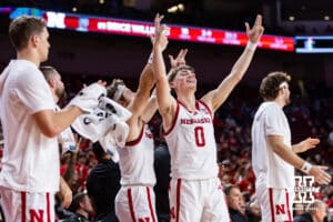 Nebraska Cornhusker guard Connor Essegian (0) celebrates a three-point shot against the Fairleigh Dickinson Knights in the second half during a college basketball game Wednesday, November 13, 2024, in Lincoln, Nebraska. Photo by John S. Peterson.