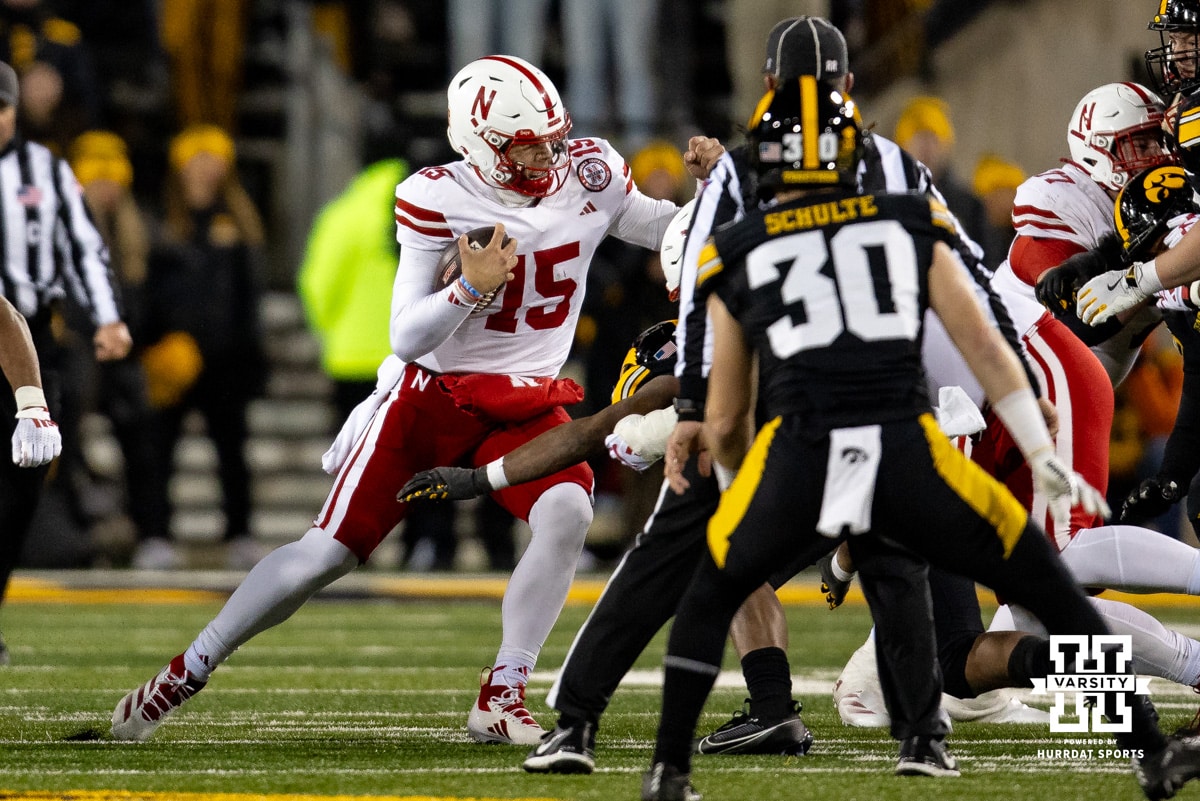 Nebraska Cornhuskers quarterback Dylan Raiola (15) runs with the ball against the Iowa Hawkeyes during a college football game Friday, November 29, 2024, in Iowa City, Iowa. Photo by John S. Peterson.