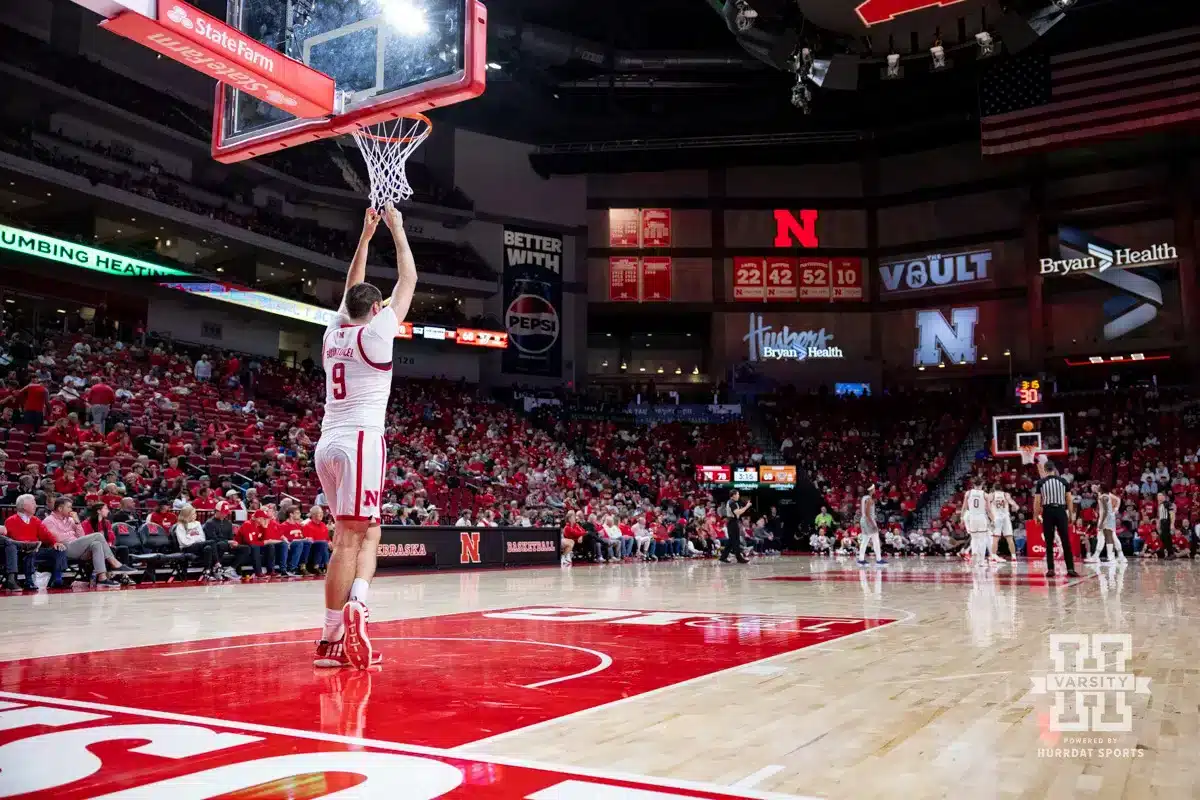 Nebraska Cornhusker forward Berke Buyuktuncel (9) hanging out waiting for some free throws to get shot against the UT Rio Grande Valley Vaqueros in the second half during a college baskteball game Monday, November 4, 2024, in Lincoln, Nebraska. Photo by John S. Peterson.