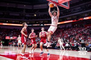 Nebraska Cornhuskers center Braxton Meah (34) dunks the ball against the South Dakota Coyotes in the second half during a college basketball game Wednesday, November 27, 2024, in Lincoln, Nebraska. Photo by John S. Peterson.