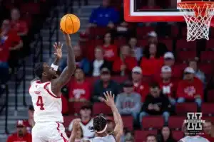 Nebraska Cornhusker forward Juwan Gary (4) makes a lay up against the UT Rio Grande Valley Vaqueros in the seond half during a college baskteball game Monday, November 4, 2024, in Lincoln, Nebraska. Photo by John S. Peterson.