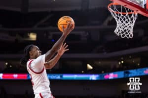 Nebraska Cornhusker guard Ahron Ulis (2) makes a layup against the Fairleigh Dickinson Knights in the second half during a college basketball game Wednesday, November 13, 2024, in Lincoln, Nebraska. Photo by John S. Peterson.