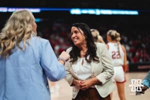 Head Coach Amy Williams talks with the North Alabama Head Coach, Candace Whitaker before a college basketball game Tuesday, November 19, 2024, in Lincoln, Nebraska. Photo by Charlotte A. Gottfried.