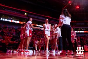 Nebraska Cornhusker forward Natalie Potts (22) introduction before taking on the North Alabama Lions during a college women’s basektball game Tuesday, November 19, 2024 in Lincoln, Nebraska. Photo by John S. Peterson.