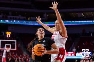 Nebraska Cornhusker center Alexis Markowski (40) guards North Alabama Lion forward Cameron Jones (0) in the first quarter during a college women’s basektball game Tuesday, November 19, 2024 in Lincoln, Nebraska. Photo by John S. Peterson.