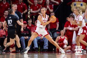 Nebraska Cornhusker forward Natalie Potts (22) drives the baseline against the North Alabama Lions in the first quarter during a college women’s basektball game Tuesday, November 19, 2024 in Lincoln, Nebraska. Photo by John S. Peterson.