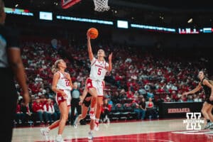 Alberte Rimdal (5) jumps in preparation to shoot the ball during a college basketball game Tuesday, November 19, 2024, in Lincoln, Nebraska. Photo by Charlotte A. Gottfried.