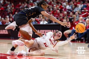 Nebraska Cornhusker guard Kendall Moriarty (15) passes the ball after recovering it against the North Alabama Lions in the first quarter during a college women’s basektball game Tuesday, November 19, 2024 in Lincoln, Nebraska. Photo by John S. Peterson.