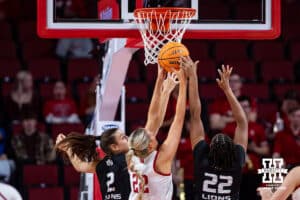 Nebraska Cornhusker forward Natalie Potts (22) fights for the rebound against North Alabama Lion forward Sofia Ceppellotti (2) and forward India Howard (22) in the first quarter during a college women’s basektball game Tuesday, November 19, 2024 in Lincoln, Nebraska. Photo by John S. Peterson.