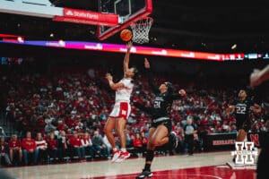 Amiah Hargrove (33) shoots the ball during a college basketball game Tuesday, November 19, 2024, in Lincoln, Nebraska. Photo by Charlotte A. Gottfried.