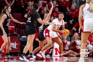 Nebraska Cornhusker guard Amiah Hargrove (33) drives the baseline against the North Alabama Lions in the second quarter during a college women’s basektball game Tuesday, November 19, 2024 in Lincoln, Nebraska. Photo by John S. Peterson.