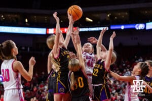 Lazers go for the rebound at halftime during a college women’s basektball game between the Nebraska Cornhuskers and the North Alabama Lions Tuesday, November 19, 2024 in Lincoln, Nebraska. Photo by John S. Peterson.