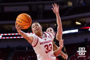 Nebraska Cornhusker guard Amiah Hargrove (33) grabs the rebound against North Alabama Lion forward Jazzy Klinge (20) in the third quarter during a college women’s basektball game Tuesday, November 19, 2024 in Lincoln, Nebraska. Photo by John S. Peterson.