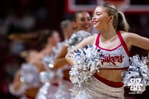 Nebraska Cornhuskers Scarlets dance team performs at a break in the action against the North Alabama Lions during a college women’s basektball game Tuesday, November 19, 2024 in Lincoln, Nebraska. Photo by John S. Peterson.