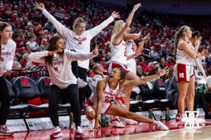 Nebraska Cornhuskers bench celebrates at three-point shot against the North Alabama Lions during a college women’s basektball game Tuesday, November 19, 2024 in Lincoln, Nebraska. Photo by John S. Peterson.