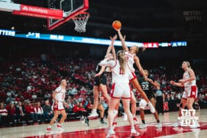 Kendall Coley (32) shoots the ball during a college basketball game Tuesday, November 19, 2024, in Lincoln, Nebraska. Photo by Charlotte A. Gottfried.