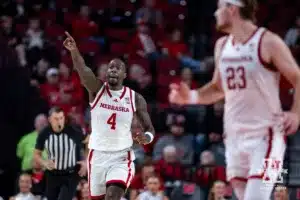 Nebraska Cornhusker forward Juwan Gary (4) runs down the court after making a basket against the UT Rio Grande Valley Vaqueros in the second half during a college baskteball game Monday, November 4, 2024, in Lincoln, Nebraska. Photo by John S. Peterson.