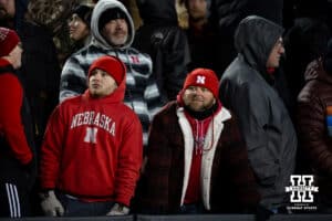 Nebraska Cornhuskers fans watching the end of the game play out against the Iowa Hawkeyes during a college football game Friday, November 29, 2024, in Iowa City, Iowa. Photo by John S. Peterson.