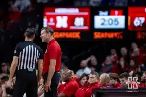 Nebraska Cornhusker head coach Fred Hoiberg voices some concerns with the official during a college baskteball game against the UT Rio Grande Valley Vaqueros Monday, November 4, 2024, in Lincoln, Nebraska. Photo by John S. Peterson.