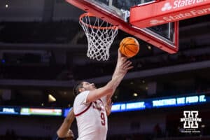 Nebraska Cornhusker forward Berke Buyuktuncel (9) makes a lay up against the Fairleigh Dickinson Knights in the second half during a college basketball game Wednesday, November 13, 2024, in Lincoln, Nebraska. Photo by John S. Peterson.