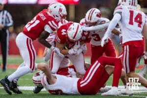 Nebraska Cornhusker tight end Luke Lindenmeyer (44) Nebraska Cornhusker defensive back Syncere Safeeullah (44) runs with the ball after a catch against the Wisconsin Badgers during a college football game Saturday, November 23, 2024 in Lincoln, Nebraska. Photo by John S. Peterson.