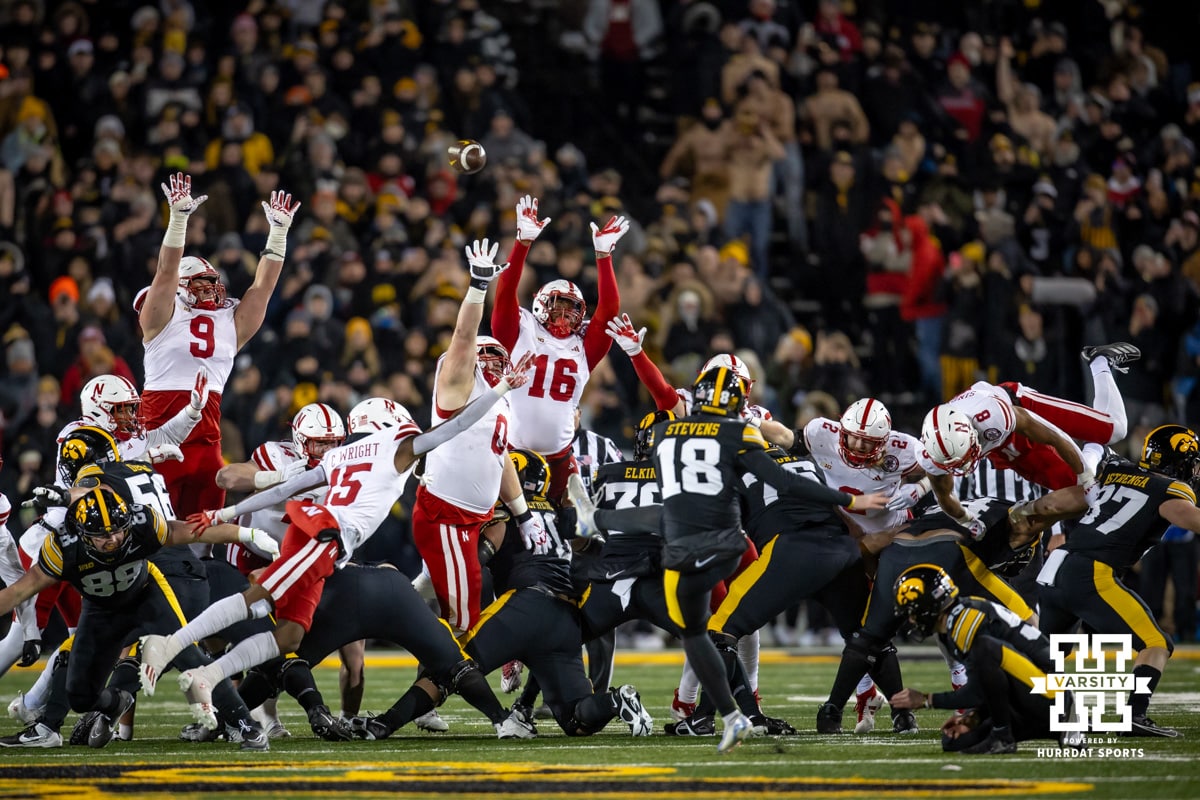 Iowa Hawkeyes place kicker Drew Stevens (18) kicks the game winning field goal in the last seconds against the Nebraska Cornhuskers during a college football game Friday, November 29, 2024, in Iowa City, Iowa. Photo by John S. Peterson.