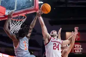 Nebraska Cornhusker guard Rollie Worster (24) grabs the rebound away from UT Rio Grande Valley Vaqueros guard DK Thorn (3) in the second half during a college baskteball game Monday, November 4, 2024, in Lincoln, Nebraska. Photo by John S. Peterson.