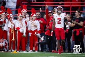 Wisconsin Badger cornerback Ricardo Hallman (2) reacts to a flag for pass interference against the Nebraska Cornhuskers in the second quarter during a college football game Saturday, November 23, 2024 in Lincoln, Nebraska. Photo by John S. Peterson.