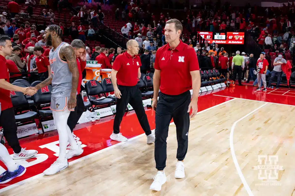 Nebraska Cornhusker head coach Fred Hoiberg heads to the locker room after the win against the UT Rio Grande Valley Vaqueros during a college baskteball game Monday, November 4, 2024, in Lincoln, Nebraska. Photo by John S. Peterson.