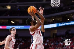 Nebraska Cornhusker guard Jeffrey Grace III (8) makes a lay up against the Fairleigh Dickinson Knights in the second half during a college basketball game Wednesday, November 13, 2024, in Lincoln, Nebraska. Photo by John S. Peterson.