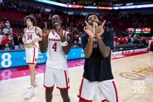 Nebraska Cornhusker forward Juwan Gary (4) and guard Brice Williams (3) give a quick pose on the way to the locker room after the win over the UT Rio Grande Valley Vaqueros during a college baskteball game Monday, November 4, 2024, in Lincoln, Nebraska. Photo by John S. Peterson.