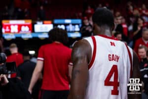 Nebraska Cornhusker forward Juwan Gary (4) heads to the locker room after the win over Fairleigh Dickinson Knights during a college basketball game Wednesday, November 13, 2024, in Lincoln, Nebraska. Photo by John S. Peterson.