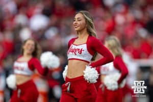 Nebraska Cornhuskers Scarlets dance team perform at a break in the action in the third quarter against the Wisconsin Badgers during a college football game Saturday, November 23, 2024 in Lincoln, Nebraska. Photo by John S. Peterson.