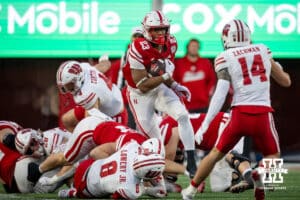 Nebraska Cornhusker running back Dante Dowdell (23) runs with the ball against the Wisconsin Badgers during a college football game Saturday, November 23, 2024 in Lincoln, Nebraska. Photo by John S. Peterson.