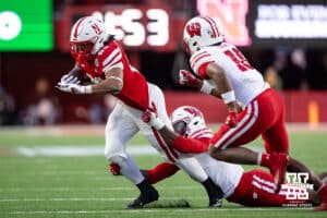 Nebraska Cornhusker running back Dante Dowdell (23) runs with the ball againt the Wisconsin Badgers in the third quarter during a college football game Saturday, November 23, 2024 in Lincoln, Nebraska. Photo by John S. Peterson.