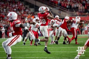 Nebraska Cornhusker wide receiver Isaiah Neyor (18) makes a catch against the Wisconsin Badgers in the fourth quarter during a college football game Saturday, November 23, 2024 in Lincoln, Nebraska. Photo by John S. Peterson.