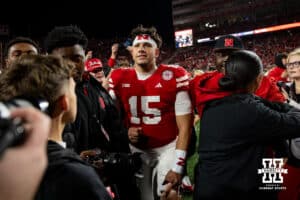 Nebraska Cornhusker quarterback Dylan Raiola (15) walking around on the field after the win over the Wisconsin Badgers during a college football game Saturday, November 23, 2024 in Lincoln, Nebraska. Photo by John S. Peterson.