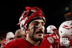 Nebraska Cornhusker linebacker John Bullock (5) smiling after the win over the Wisconsin Badgers during a college football game Saturday, November 23, 2024 in Lincoln, Nebraska. Photo by John S. Peterson.