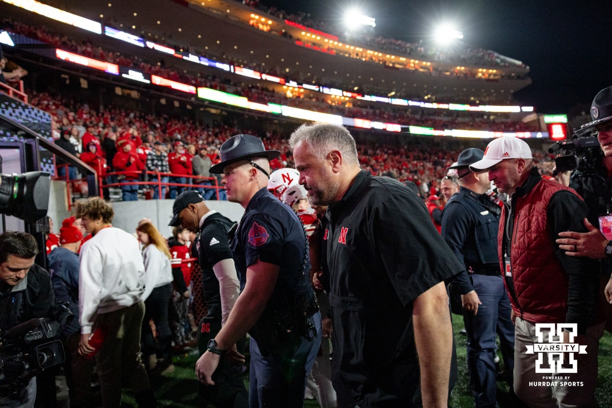 Nebraska Cornhusker head coach Matt Rhule heads into the locker room after the win over the Wisconsin Badgers during a college football game Saturday, November 23, 2024 in Lincoln, Nebraska. Photo by John S. Peterson.