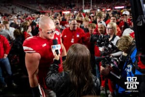 Big Ten Network interviews Nebraska Cornhusker Ty Robinson after the win over the Wisconsin Badgers during a college football game Saturday, November 23, 2024 in Lincoln, Nebraska. Photo by John S. Peterson.