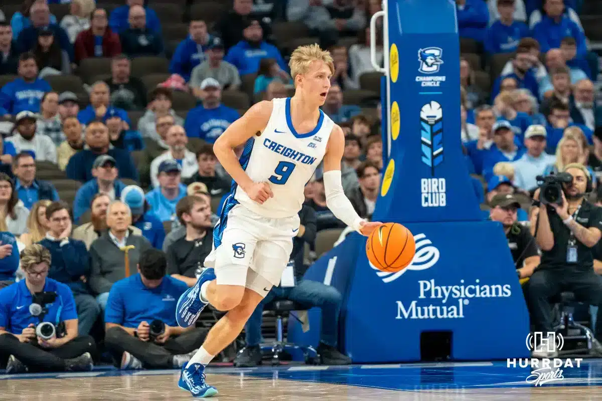 Ty Davis pushes the basketball up court during a college basketball game November 6th, 2024 in Omaha Nebraska. Photo by Brandon Tiedemann.