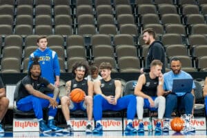 Creighton players enjoying some conversation before a college basketball game against UMKC Saturday, November 16th, 2024 in Omaha Nebraska. Photo by Brandon Tiedemann.