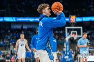 Creighton Bluejay Sami Osmani warms up taking on UMKC before a college basketball game Saturday, November 16th, 2024 in Omaha Nebraska. Photo by Brandon Tiedemann.