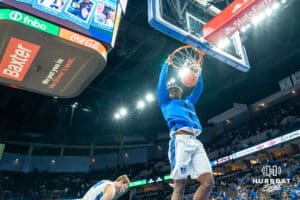 Creighton Bluejay Fredrick KIng makes a dunk warming up for UMKC before a college basketball game Saturday, November 16th, 2024 in Omaha Nebraska. Photo by Brandon Tiedemann.