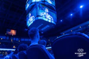 Creighton Bluejay Steven Ashworth watch the hype video before taking on UMKC during a college basketball game November 16th, 2024 in Omaha Nebraska. Photo by Brandon Tiedemann.