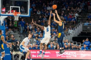 Creighton Bluejay Jamiya Neal contests a shot against UMKC during a college basketball game Saturday, November 16th, 2024 in Omaha Nebraska. Photo by Brandon Tiedemann.