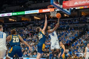 Creighton Bluejay Jamiya Neal shoots a layup against UMKC during a college basketball game Saturday, November 16th, 2024 in Omaha Nebraska. Photo by Brandon Tiedemann.