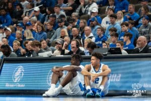 Creighton Bluejay Fredrick King and Shane Thomas wait to check in against UMKC during a college basketball game Saturday, November 16th, 2024 in Omaha Nebraska. Photo by Brandon Tiedemann.