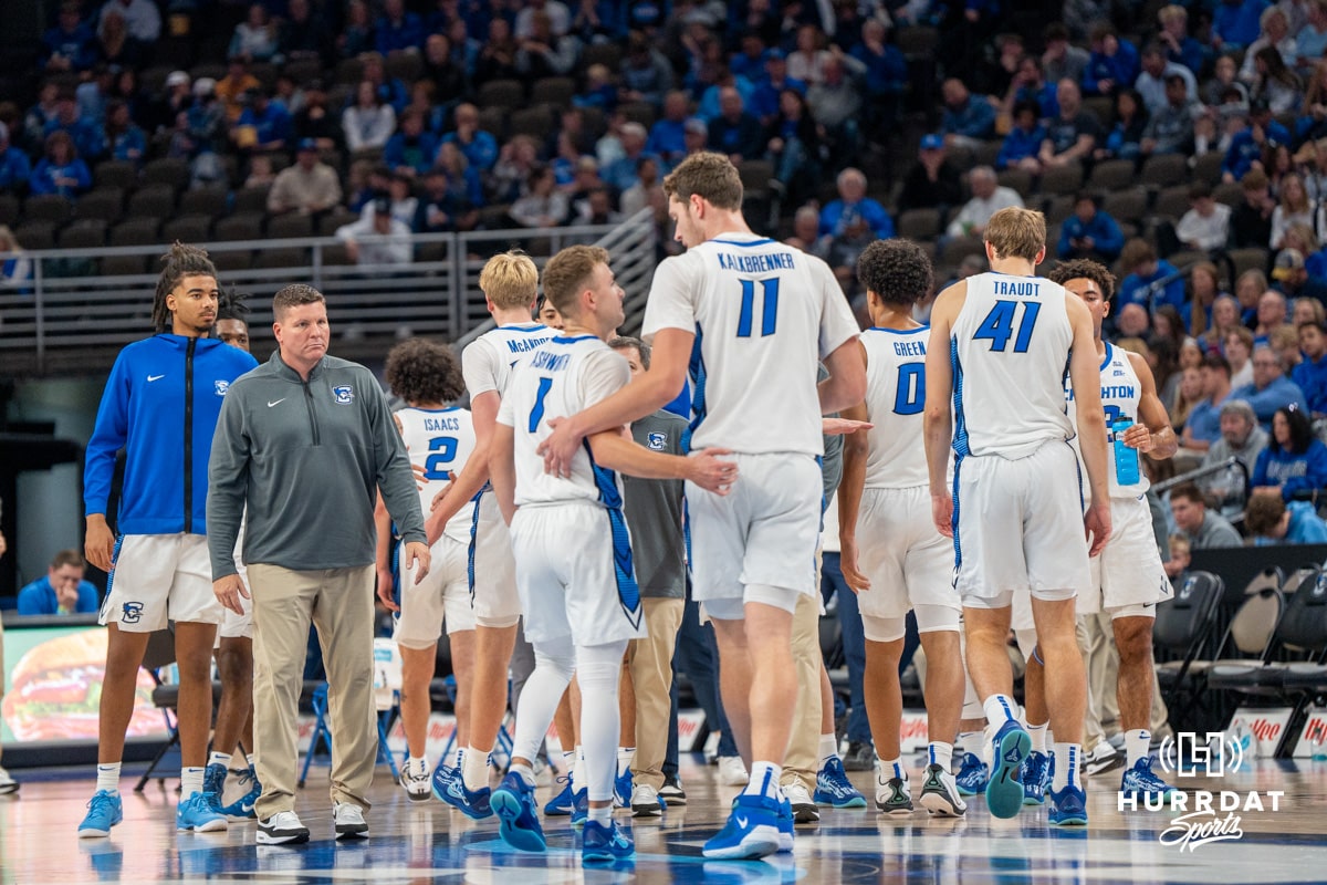 Creighton Bluejay Steven Ashworth (1) and Ryan Kalkbrenner (11) talk during a timeout in a college basketball game against UMKC Saturday, November 16th, 2024 in Omaha Nebraska Photo by Brandon Tiedemann