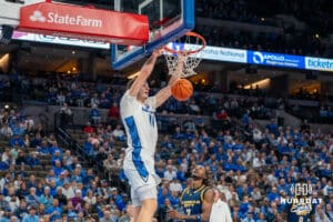 Creighton Bluejay Ryan Kalkbrenner makes a dunks during a college basketball game Saturday, November 16th, 2024 in Omaha Nebraska. Photo by Brandon Tiedemann.